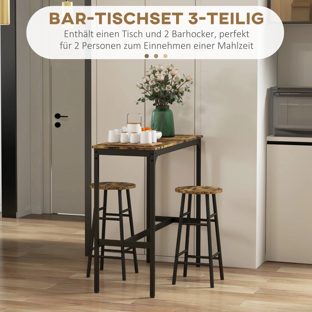 Set bar 3 pezzi con tavolo alto e 2 sgabelli salvaspazio con poggiapiedi struttura stabile in acciaio e MDF marrone