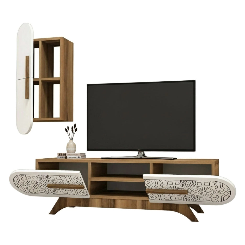 Parete attrezzata Gilberta, Composizione soggiorno, Mobile salotto multiuso, Armadio porta TV, 145x35h37 cm, Noce e Bianco