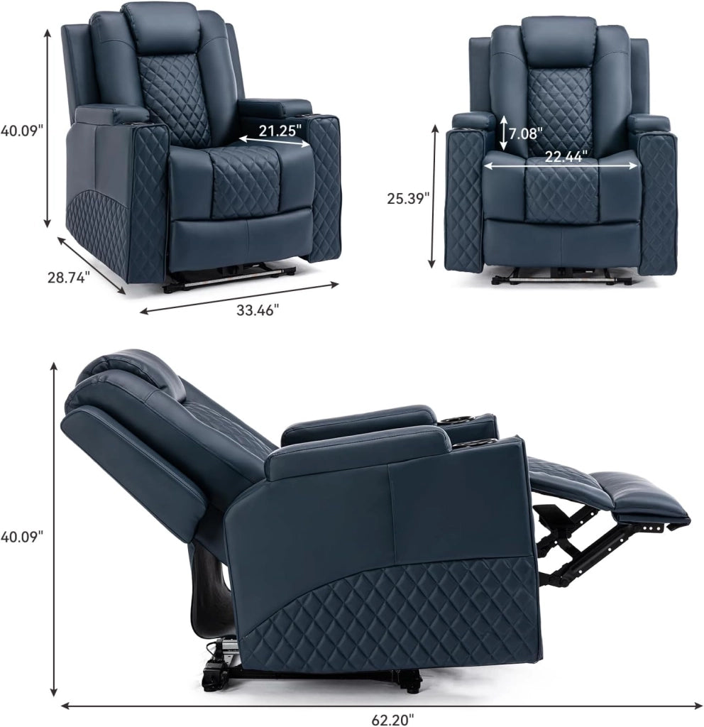 Poltrona Massaggiante Elettrica Illuminazione a LED Divano Telaio Home Theater Shake Divano Reclinabile Girevole con 2 Portabicchieri Blu