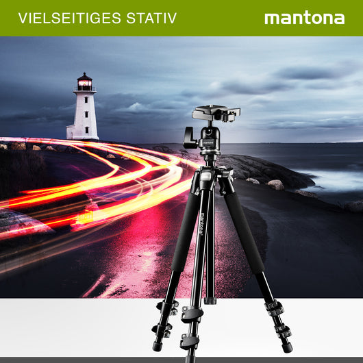 Mantona Basic Scout Max Treppiede fotografico, treppiede per fotocamera con altezza di lavoro fino a 160 cm, testa a sfera, treppiede compatto e leggero per fotocamera 19870 nero
