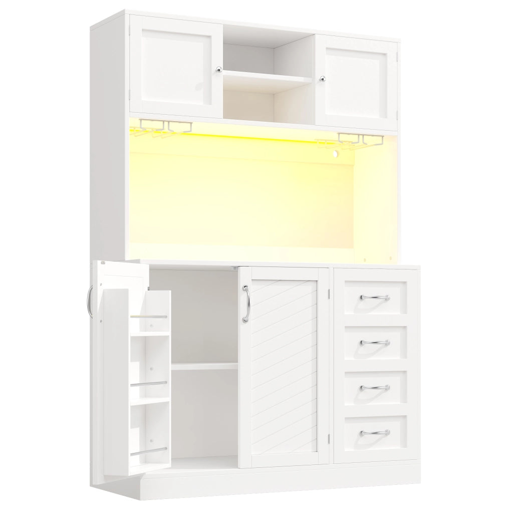 Credenza con LED, 4 ante, 2 cassetti e portabottiglie, mobile contenitore in MDF bianco 120 × 40 × 188 cm