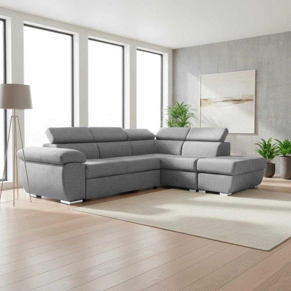 Divano Letto Angolare Fiona con Penisola Destra e Pouf Contenitore – Grigio
