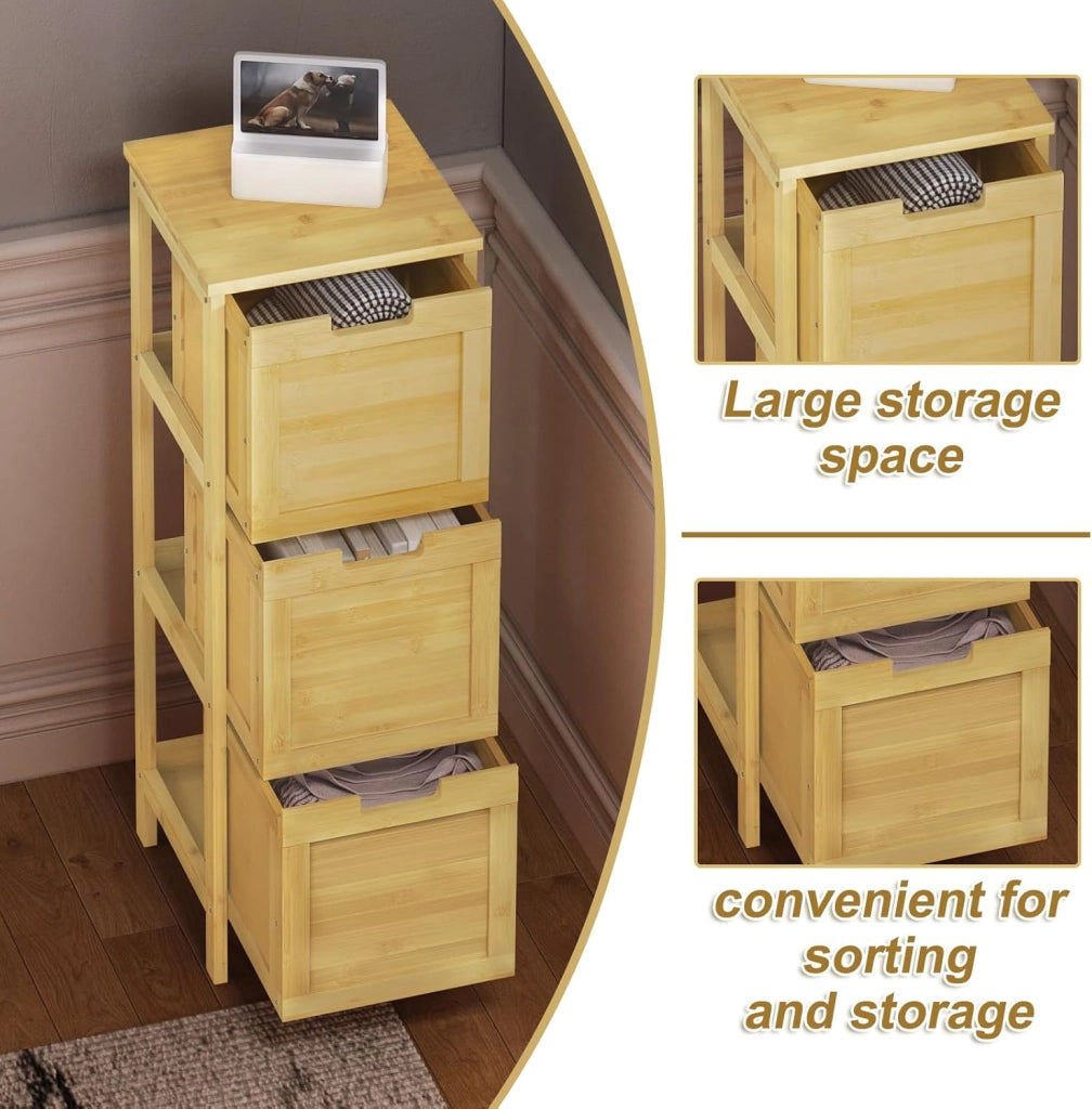 Mobile da Bagno Autoportante, Mobiletto con 3 Cassetti Estraibili, in Bamb, 30x30x90cm, Colore Naturale per Salotto, Camera da Letto, Cucina