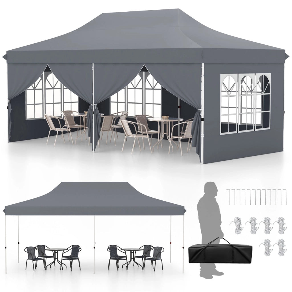 Tenda a scomparsa 3x6m con 6 pareti laterali rimovibili borsa da trasporto, Tenda gazebo pieghevole per feste Grigio-Gazebo