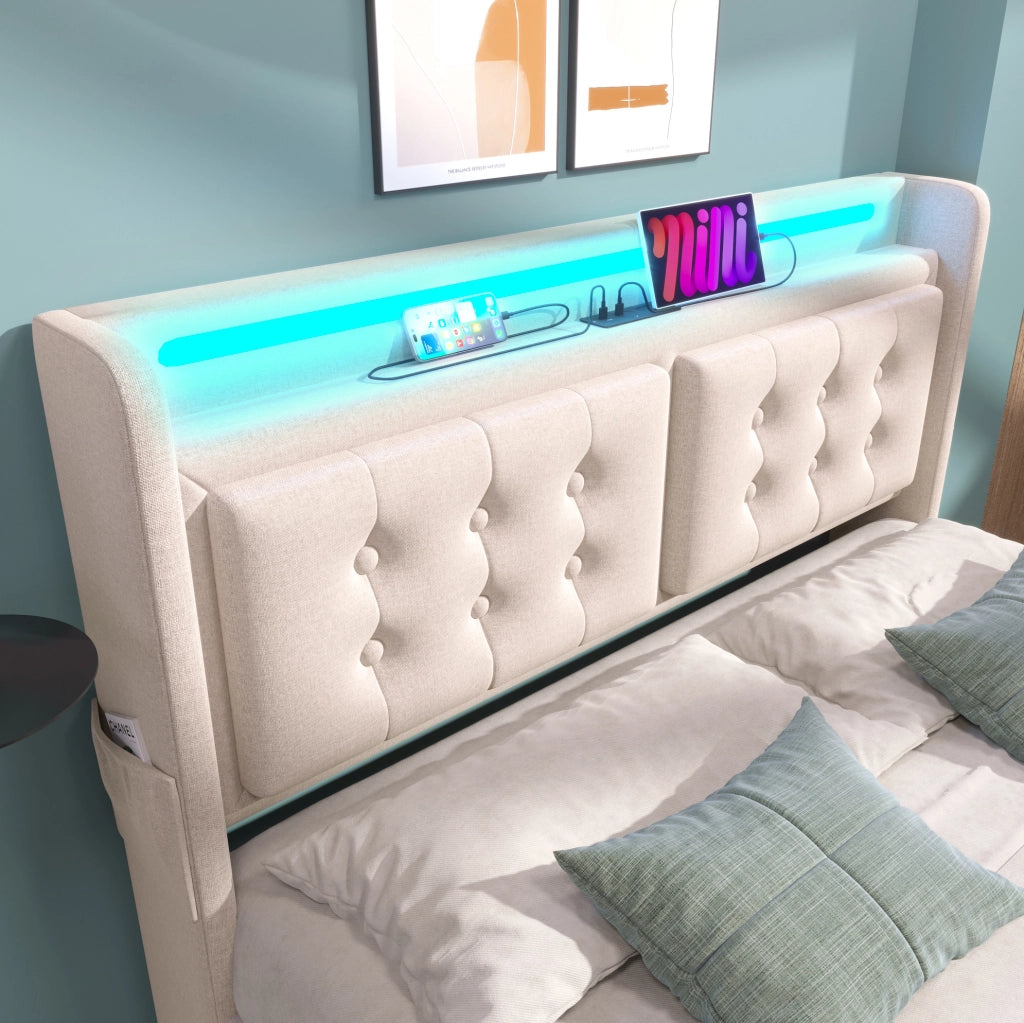 Letto matrimoniale 140x200 cm con contenitore; testiera con prese USB e Type-C; LED; beige