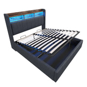 Letto imbottito matrimoniale 140×200 cm con LED; USB; Type-C e contenitore idraulico; senza materasso; grigio