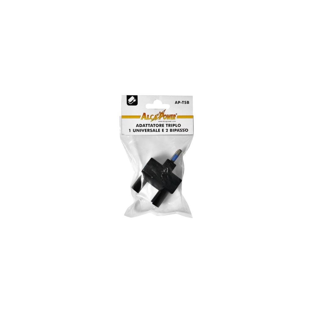 Alcapower Adattatore Triplo 16A Nero con 2 Prese Bipasso 10/16A e 1 Presa Universale Schuko, Tensione Massima 250V, Potenza Fino a 1500W