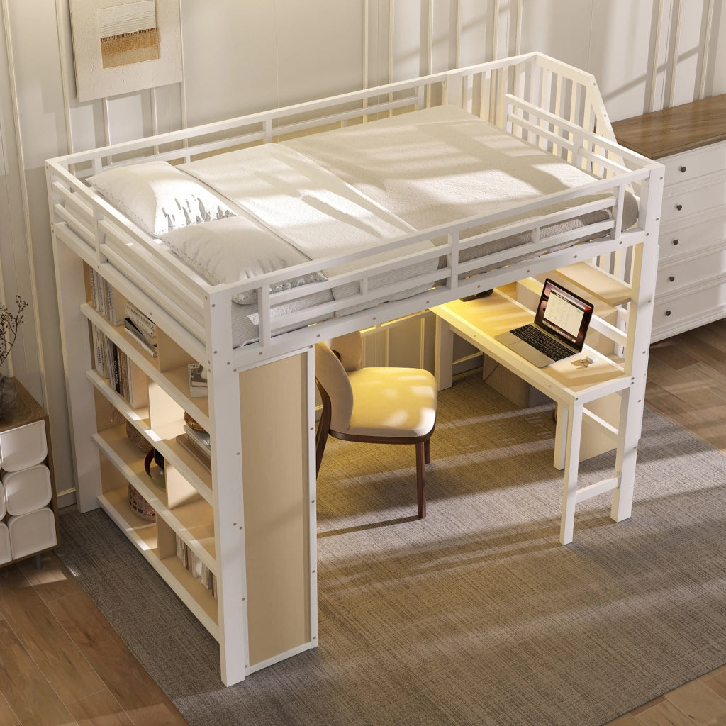 LETTO a soppalco 140x200 cm Metallo Bianco con scrivania e scala contenitore