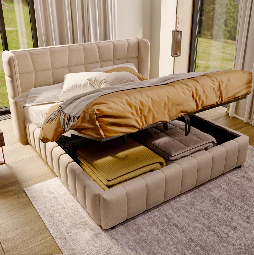Letto imbottito matrimoniale 180x200 cm con contenitore, struttura in metallo e design moderno