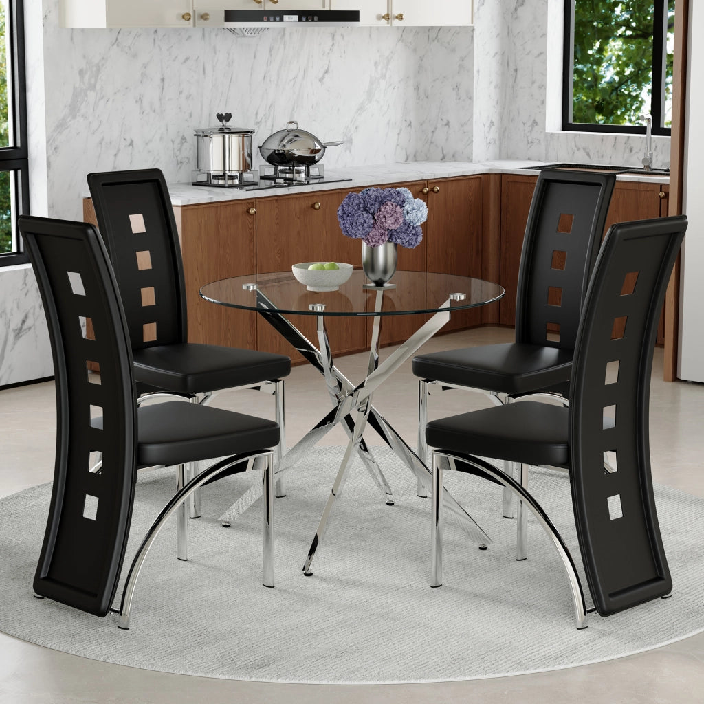 Set tavolo da pranzo e sedie con 1 tavolo rotondo e 4 sedie imbottite in vetro temperato; metallo e PU nero