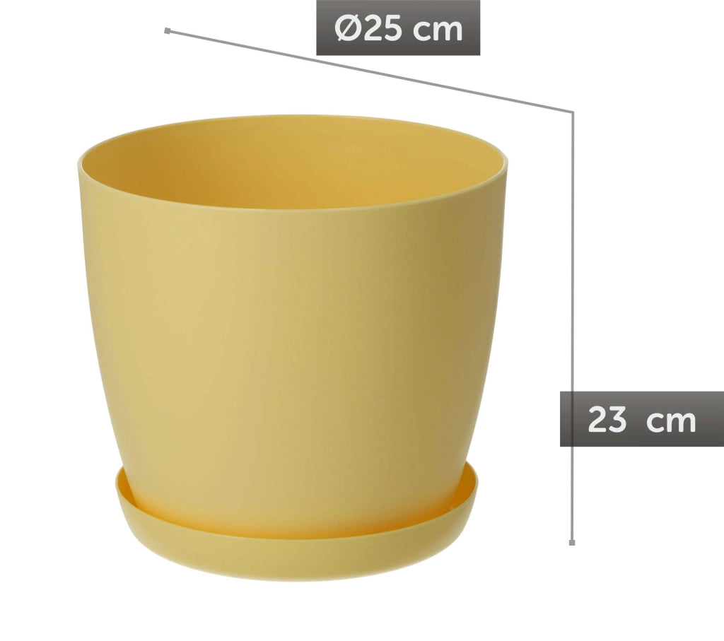 Vaso da fiori KADAX con sottovaso, vaso in plastica da 25 cm, coperchio, fiori, giallo opaco