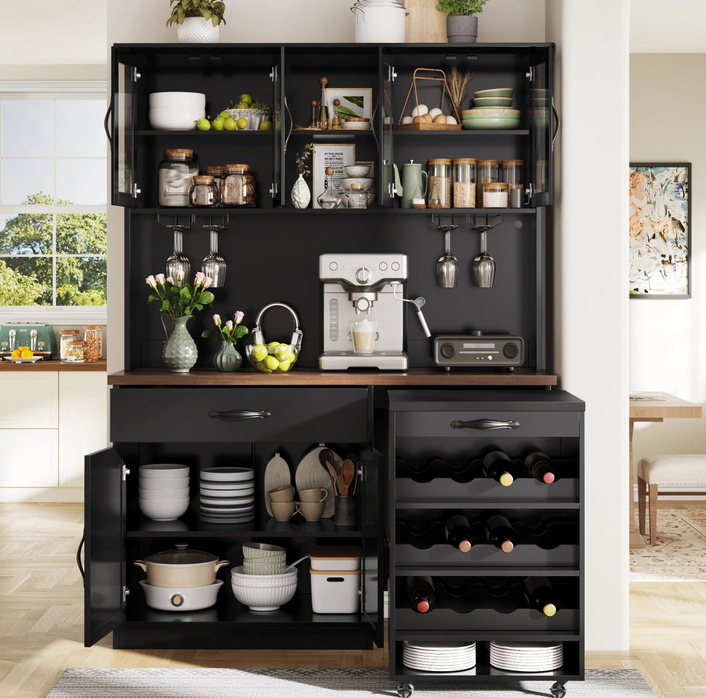 Credenza 140x38x180 cm con carrello estraibile e illuminazione LED dimmerabile; MDF nera