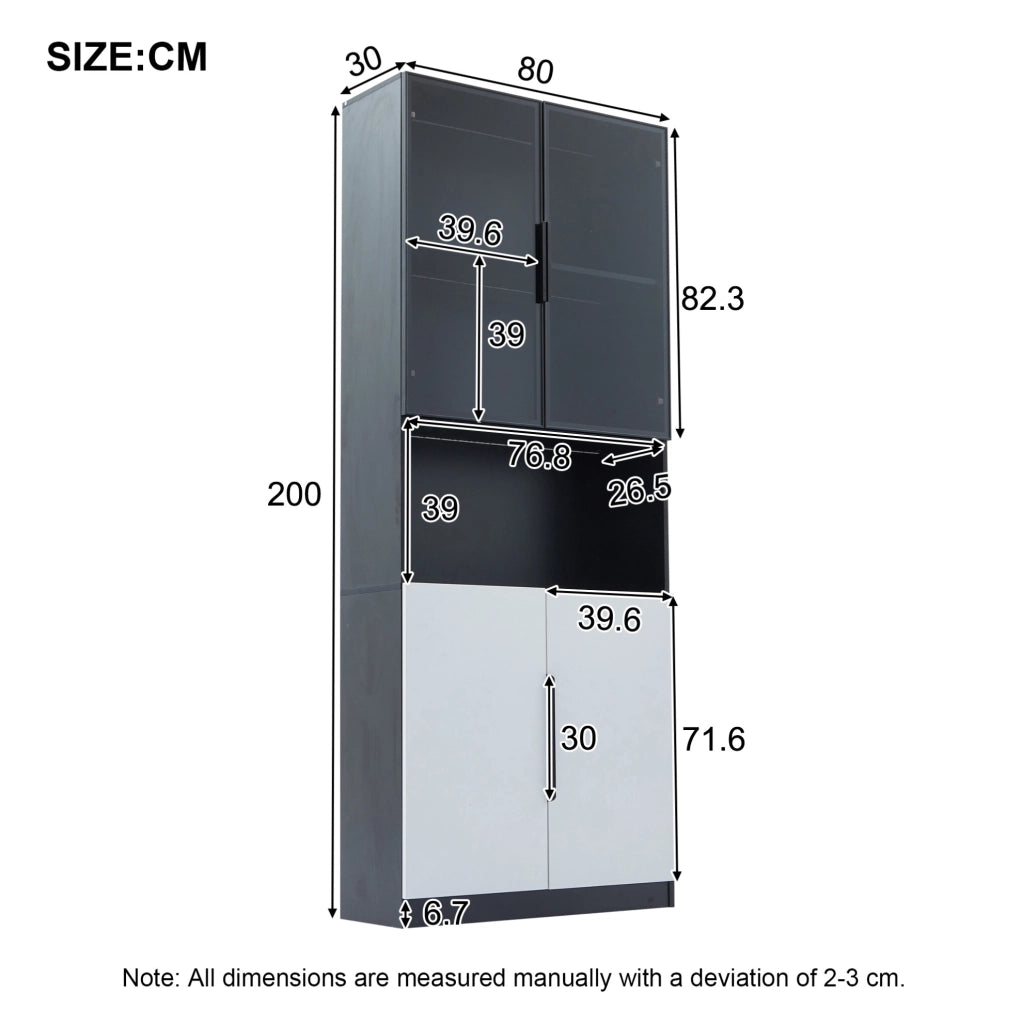 Vetrina moderna con ante in vetro e LED; 80 x 30 x 200 cm; bianca con dettagli neri