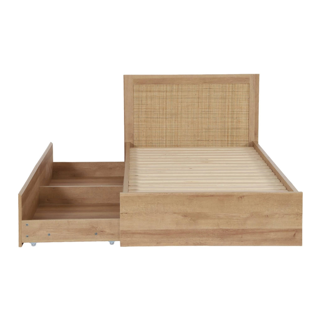 Letto bohemien con rete a doghe e testiera 90cm + 2 cassetti, marrone