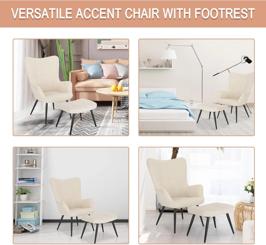 Poltrona Imbottita con Pouf Poggiapiedi Sedia Poltroncina Relax con Braccioli e Schienale Alto per Camera da Letto Salotto in Velluto,Crema SKS28cm