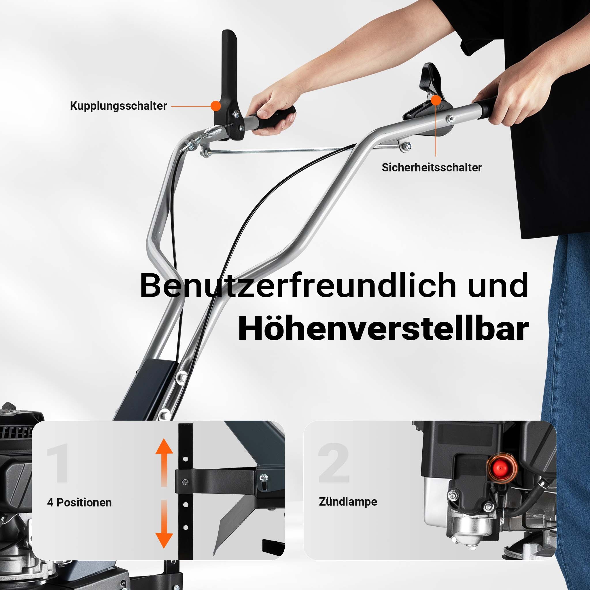 Motozappa a scoppio, fresa a scoppio, larghezza di lavoro 36 cm, profondità di lavoro 25 cm, motore a benzina a 4 tempi, 2,5 kW, 144cc , 4 set di lame