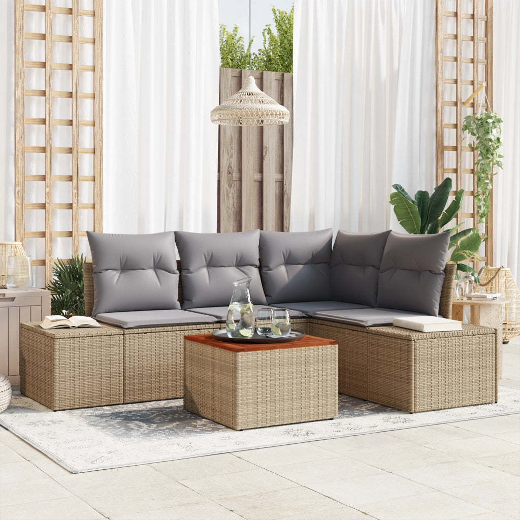 Set Divano Giardino 5 Pezzi con Cuscini Beige Polyrattan Acacia