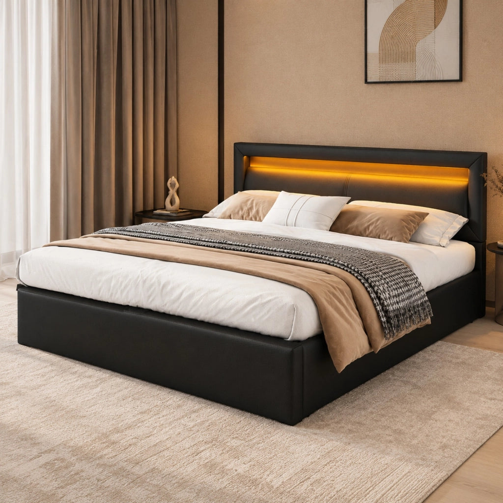 Letto imbottito 140 × 190 cm 2 posti con contenitore, LED e testiera, senza materasso, in PU, nero