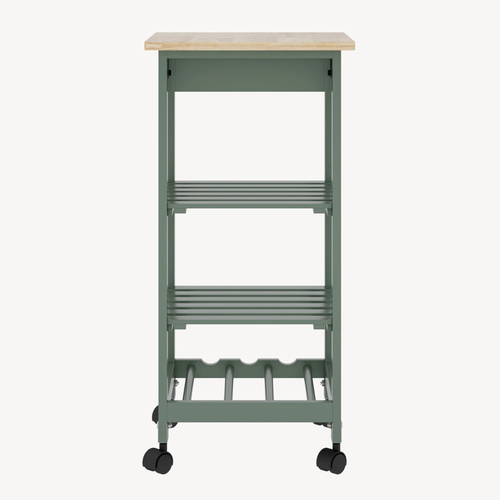 Carrello Portaoggetti Biel con Cassetto 3 Ripiani e Griglia Portabottiglie 76x37x37 cm - Verde / Effetto Legno [en.casa]