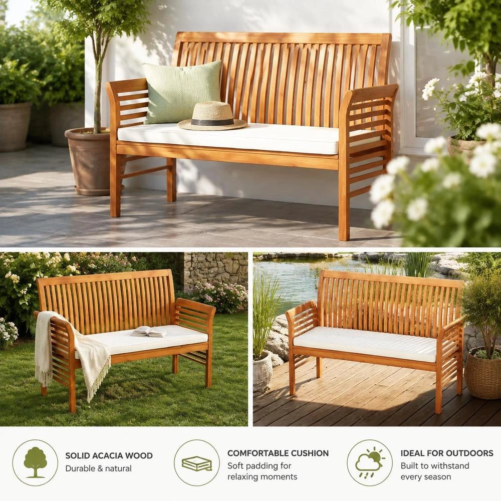 2-seater Garden Bench With Cushions, 120 Cm, Solid Acacia Wood