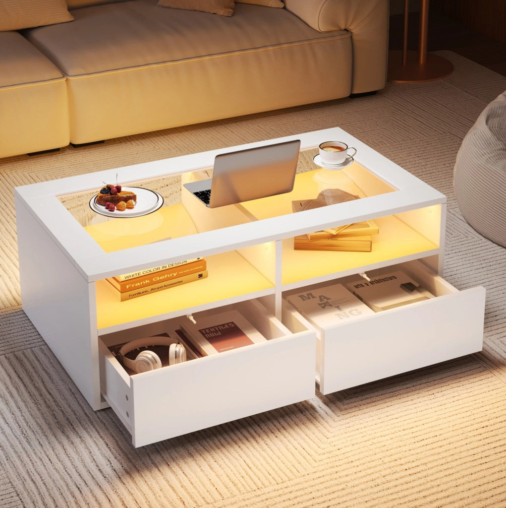 Complemento d’arredo moderno con piano in vetro, LED e pratico spazio contenitivo