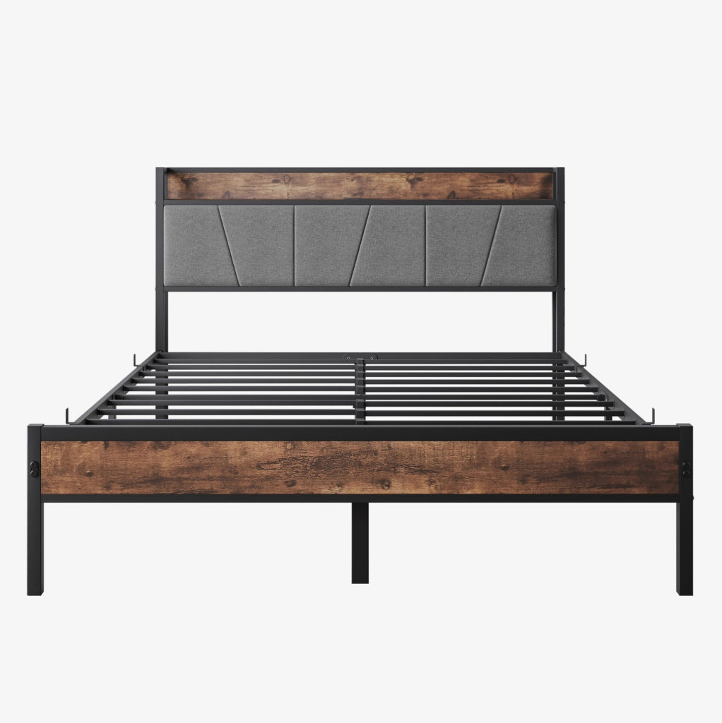 Letto 140x200 cm con LED; testiera contenitore con USB e presa; MDF e metallo marrone anticato