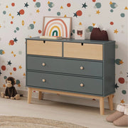 Cassettiera 4 cassetti verde cachi e pino Estefania 100x40x81H – Legno massiccio per ambienti accoglienti
