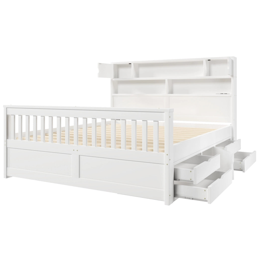 Letto con contenitore 160x200 cm con LED, 4 cassetti, scaffali e USB, bianco