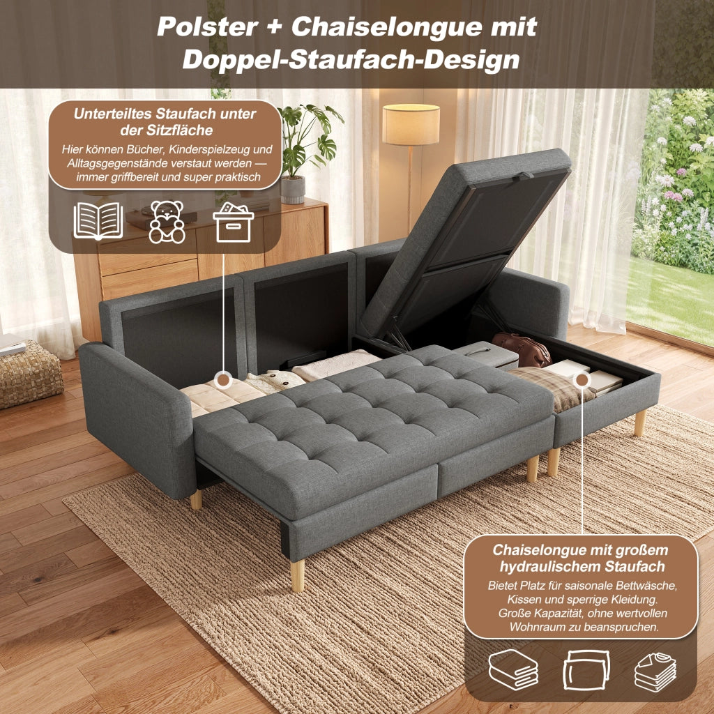 Divano angolare reversibile con chaise longue e doppio vano contenitore in tessuto grigio 212 × 130 × 86 cm