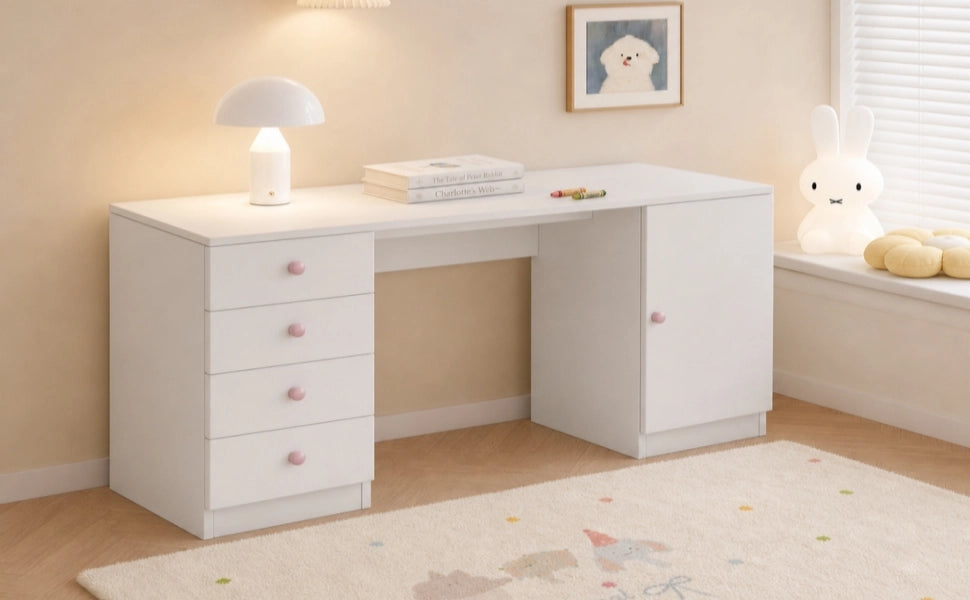 Scrivania per bambini con 4 cassetti e vano laterale in MDF bianca per studio 155 × 45 × 74 cm