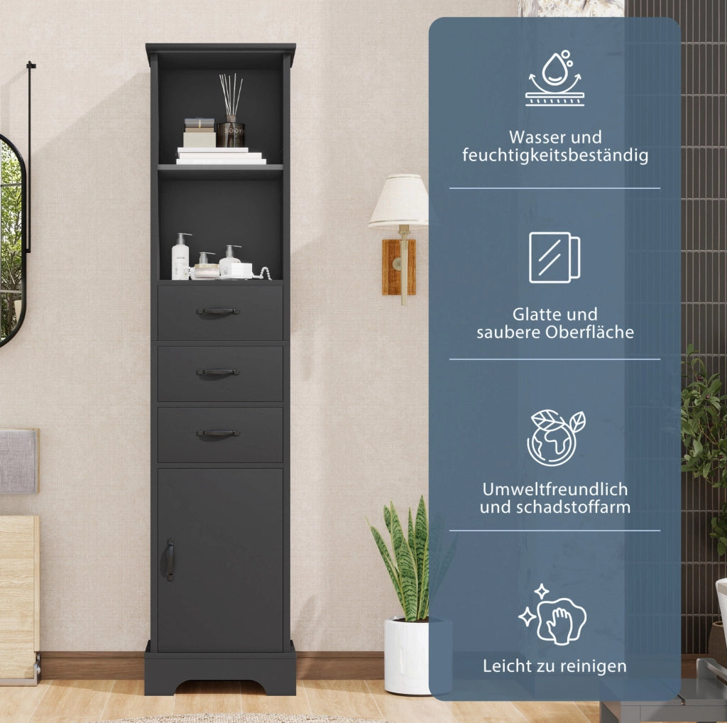 Mobile bagno alto nero in MDF laccato con 3 cassetti e ripiani regolabili
