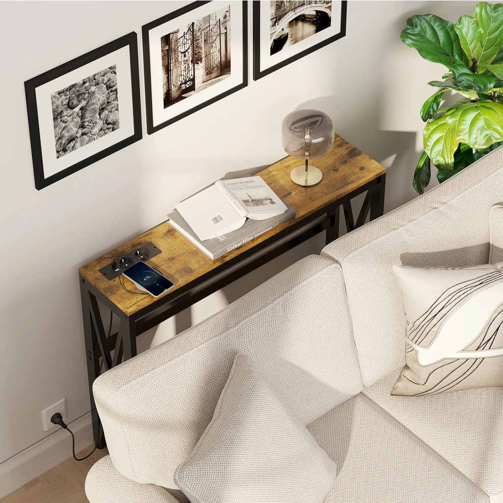 Consolle ingresso industriale 2 ripiani con prese USB ¨C Xylo ¨C Legno marrone 100x24x75cm