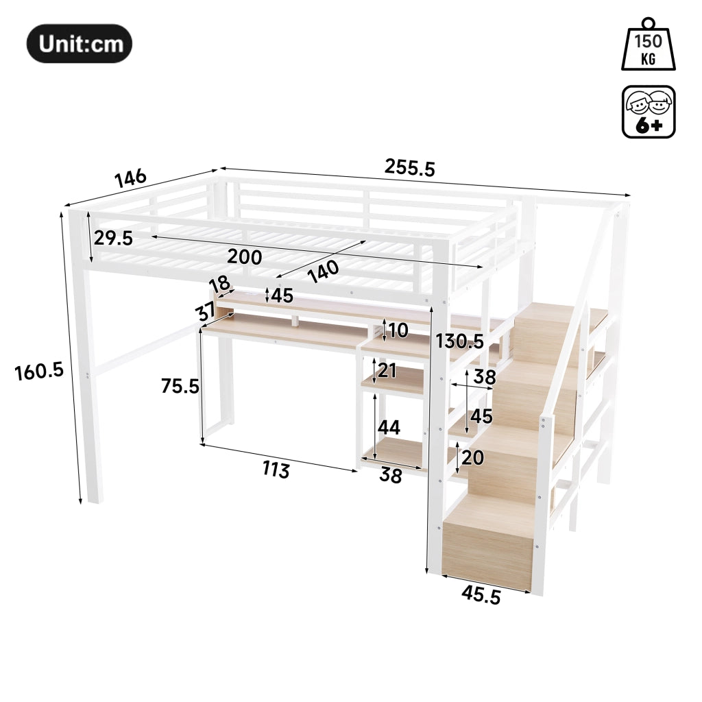 Letto a soppalco 140x200 cm per 2 persone con scala contenitore, prese USB/Type-C, ripiano e illuminazione LED, metallo bianco