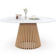 IDMarket - Tavolo da pranzo rotondo allungabile CARMEN per 4-8 persone con gambe a doghe in legno e piano in marmo bianco ALASKA 110 - 150