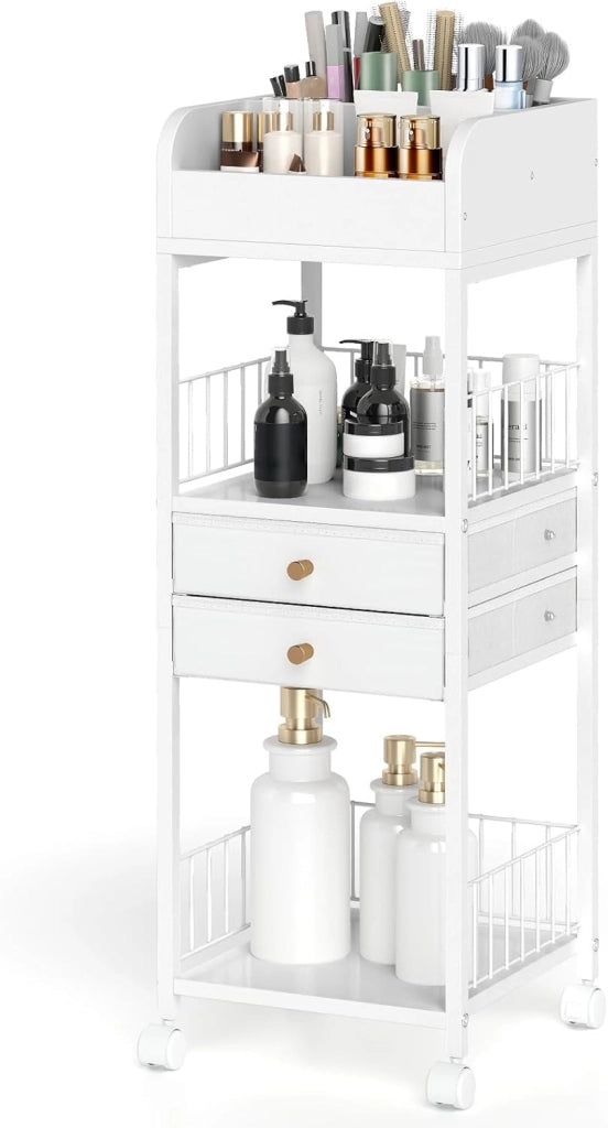 Carrello portaoggetti per cosmetici, organizer per trucchi, con 2 cassetti, 2 ripiani aperti e cubi, 4 ruote, 30 x 30 x 90 cm, carrello multifunzionale per bagno, camera da letto