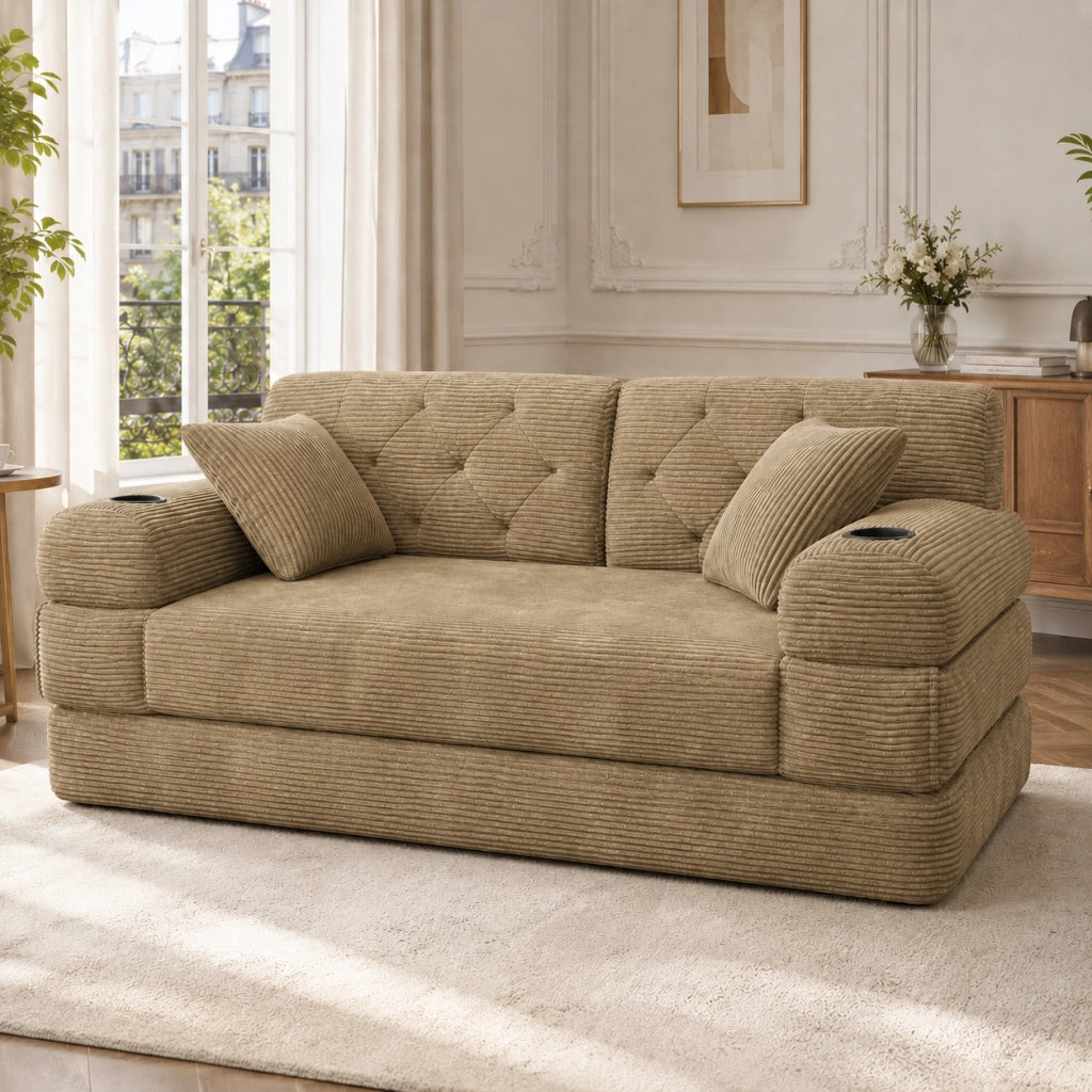 Divano letto 2 posti con schienale alto, tasche laterali e portabicchieri in velluto a coste khaki 168 × 80 × 81 cm