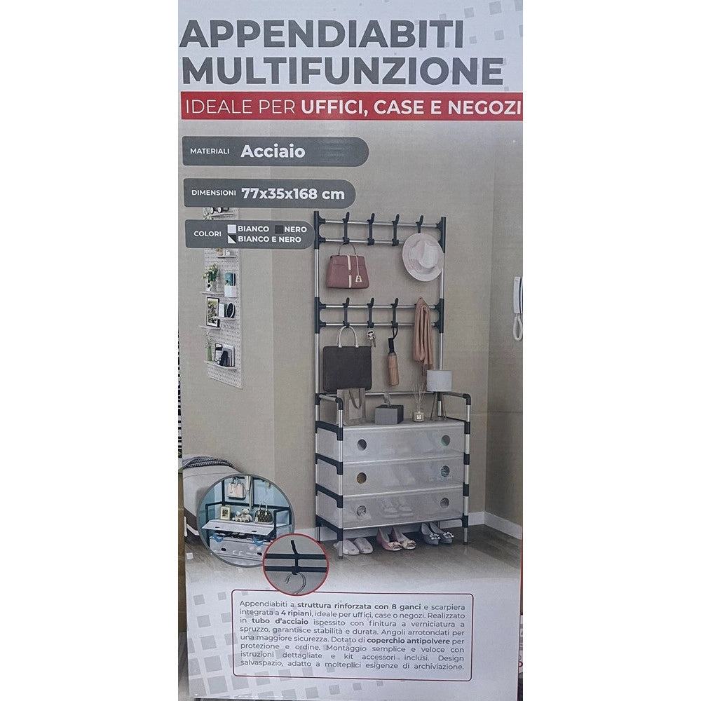 Trade Shop - Appendiabiti 8 Ganci Scarpiera 4 Ripiani Organizer Scarpe Armadio Multifunzione In Acciaio -