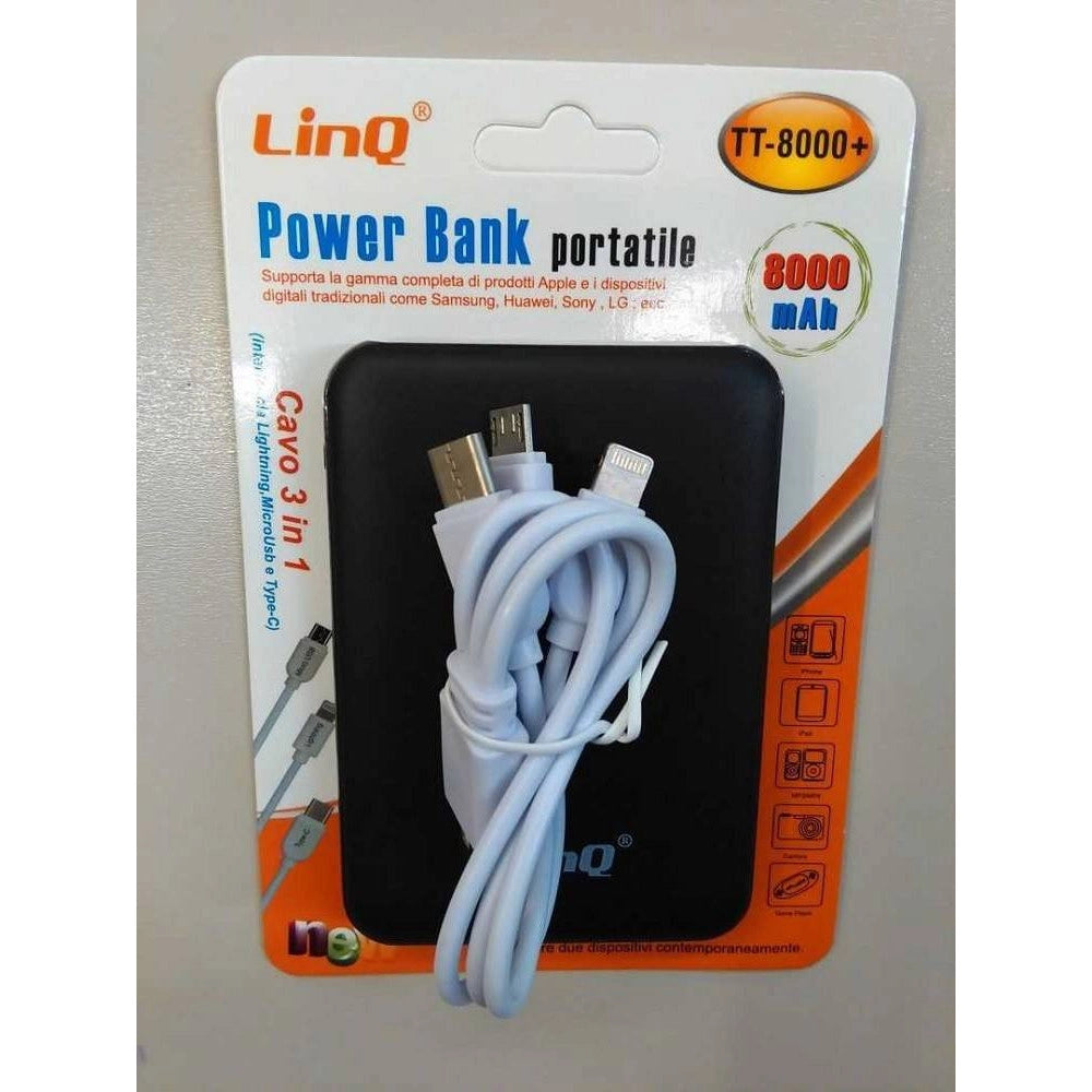 Trade Shop - Power Bank Sottile Batteria Supplementare 8000 Mah Doppia Usb Cavo 3in1 Tt-8000+ -