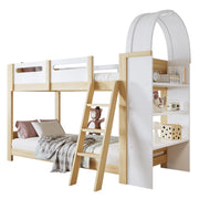 Letto a Castello 90x200 cm; con Mensola a 3 Ripiani e Scala a 3 Gradini - Bianco e Naturale