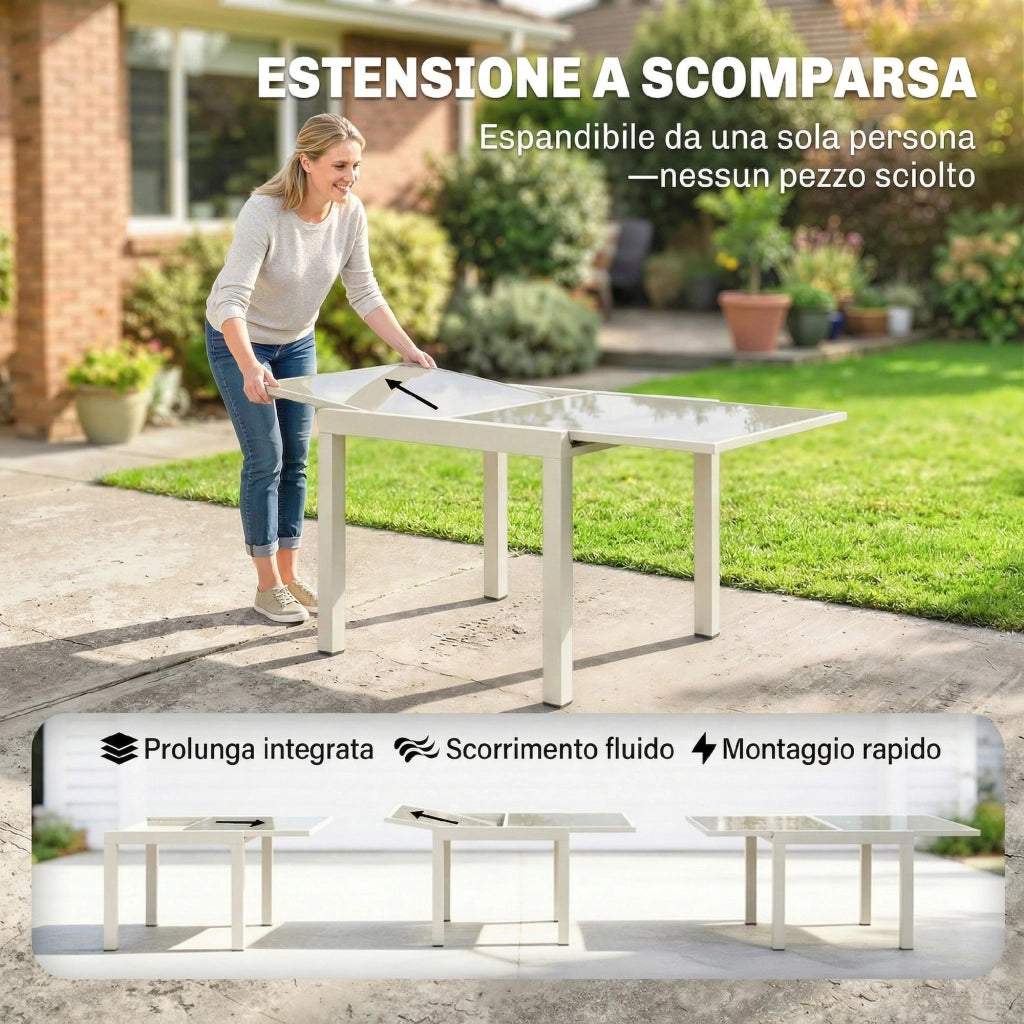 Tavolo allungabile da esterno ¨C zephmum ¨C Bianco crema, alluminio, vetro temperato