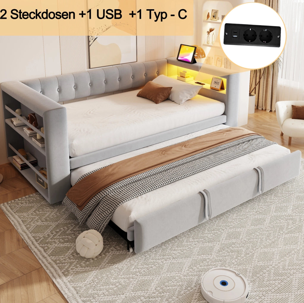Divano letto multifunzione grigio chiaro 90/180x190 cm con LED