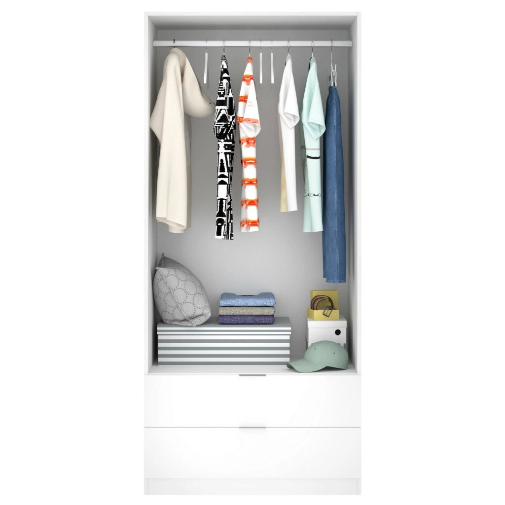 Guardaroba Darest, Armadio per camera da letto a 2 ante e 2 cassetti, Mobile per camera da letto con barra appendiabiti, cm 81x52h180, Bianco
