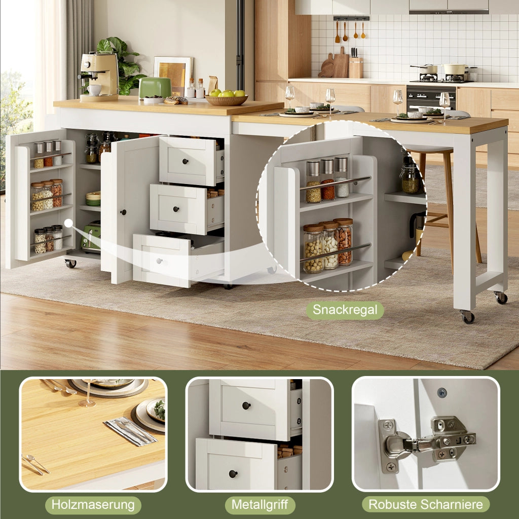 ISOLA CUCINA ESTENSIBILE 116-179,5 cm CON 3 CASSETTI BIANCA SU RUOTE