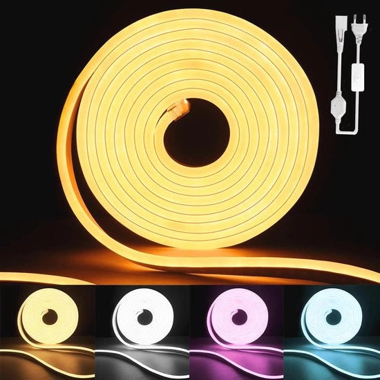 Striscia LED Neon 10M - Caldo Bianco - Impermeabile per Interno e Esterno - Illuminazione DIY Flessibile con Adattatore e Controller
