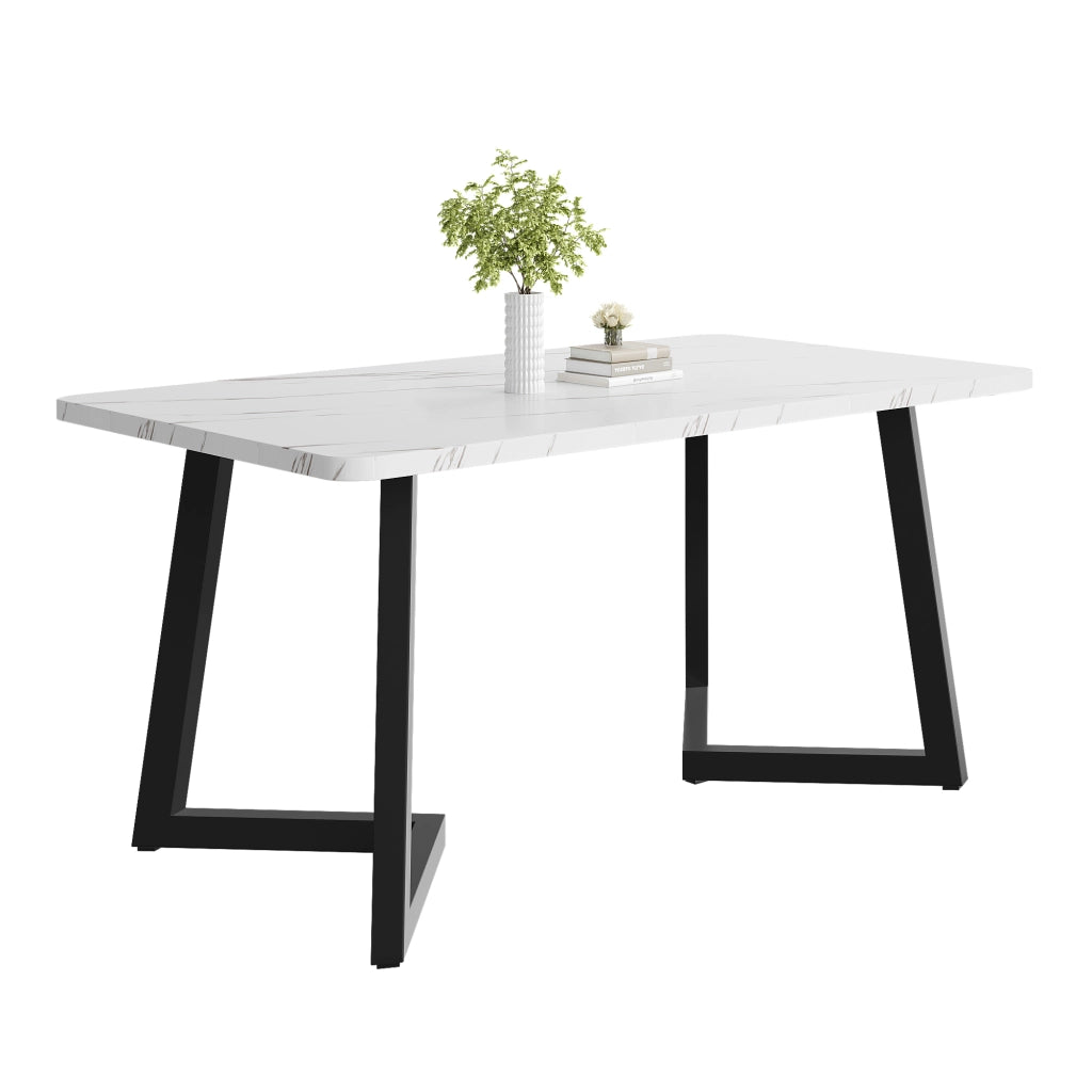 Tavolo da pranzo con piano effetto marmo e gambe in ferro nere, per soggiorno, in MDF, bianco e nero, 117 × 68 × 75 cm