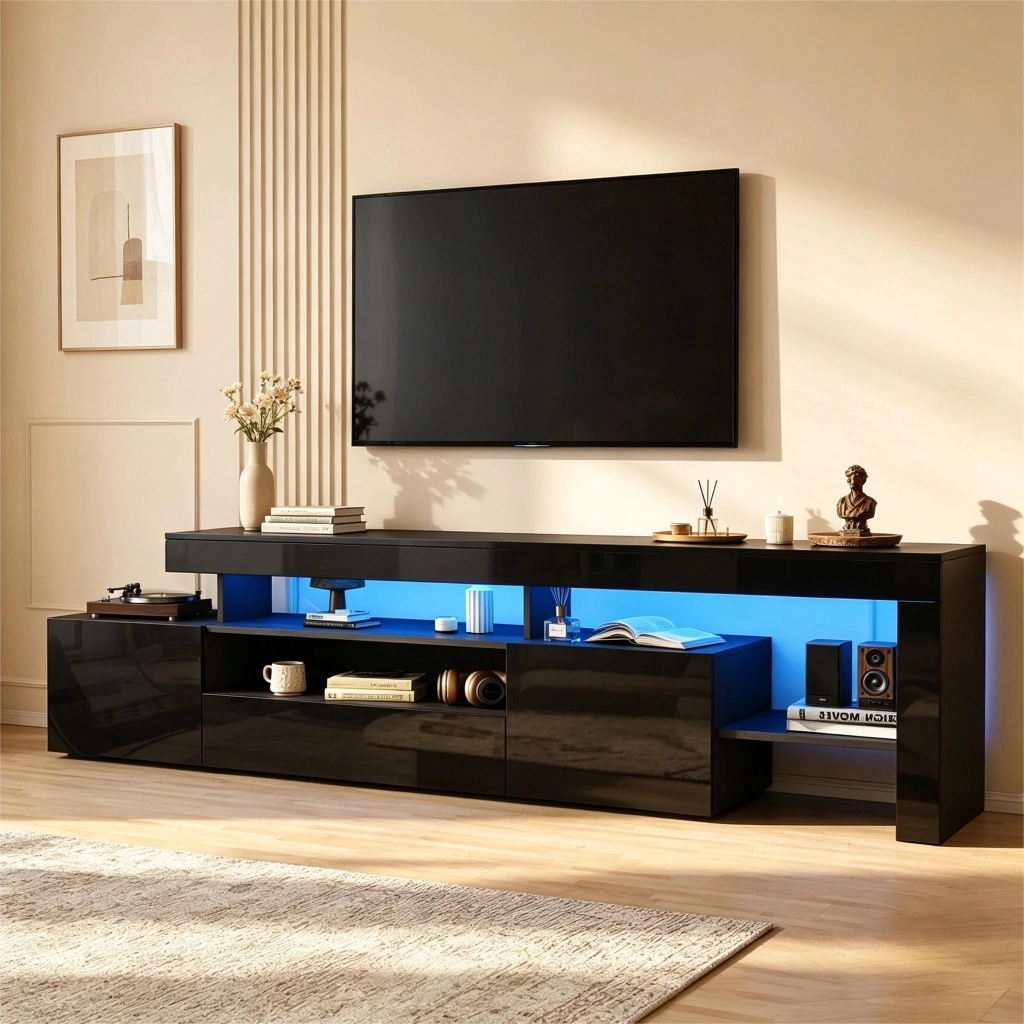 Mobile porta TV con LED, 3 ante e vani aperti, per soggiorno, in pannello truciolare, nero, 192 × 37 × 53 cm