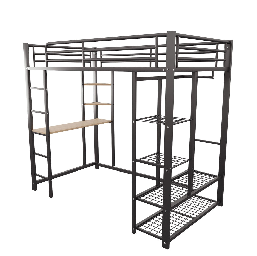 Letto a soppalco singolo 90x200 cm in metallo nero con scrivania; armadietto e scala