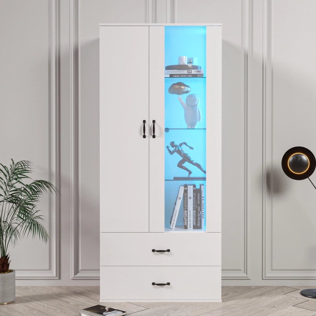 Vetrina con LED e 2 ante, 5 vani e ripiani in vetro, per soggiorno, in legno truciolare, bianca, 59,5 × 35 × 182 cm