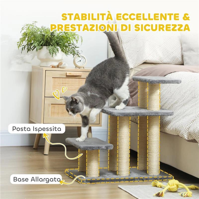 SCALETTA PER CANI E GATTI CON 3 SCALINI IN PELUCHE E PALI TIRAGRAFFI IN SISAL, CAPACITÓ 10 KG, GRIGIO