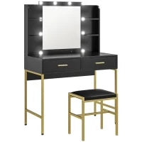 Tavolo da Trucco con 2 Cassetti, 6 Ripiani, Specchio e Sgabello, in Legno e Acciaio, 90x45x132.5 cm, Nero